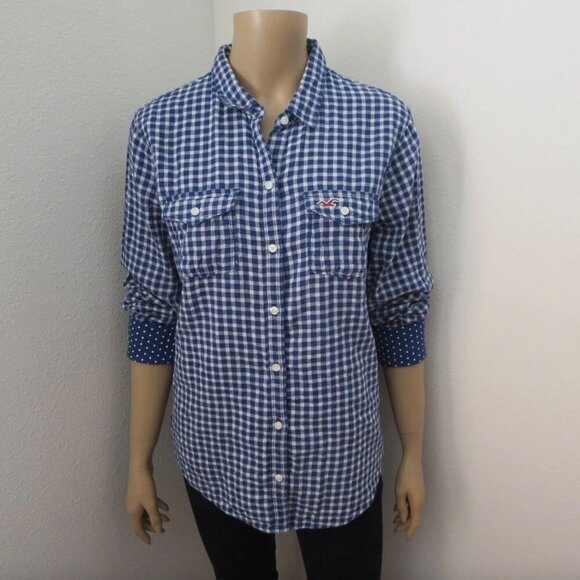 NWT Hollister Womens Plaid Shirt Size Medium Top Shirt Navy Blue - Picture 1 of 7
